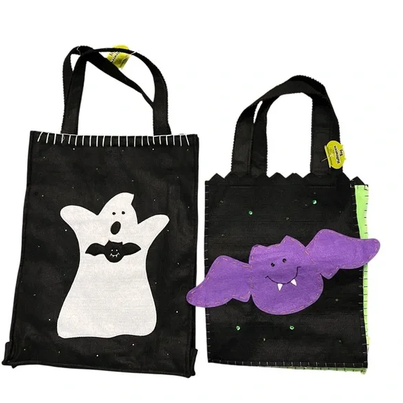 Vintage Halloween Trick or Treat Tote Bags Felt Ghost Bat Sequin Embroidery 2 pc - Picture 1 of 10